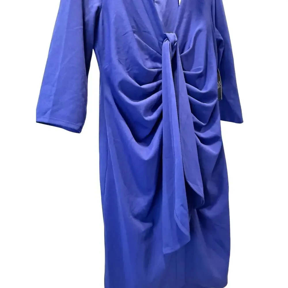 NY&Co Size XL Solid Blue Cocktail Sheath Dress Runched Front V Neck NEW with Tag - Picture 4 of 7